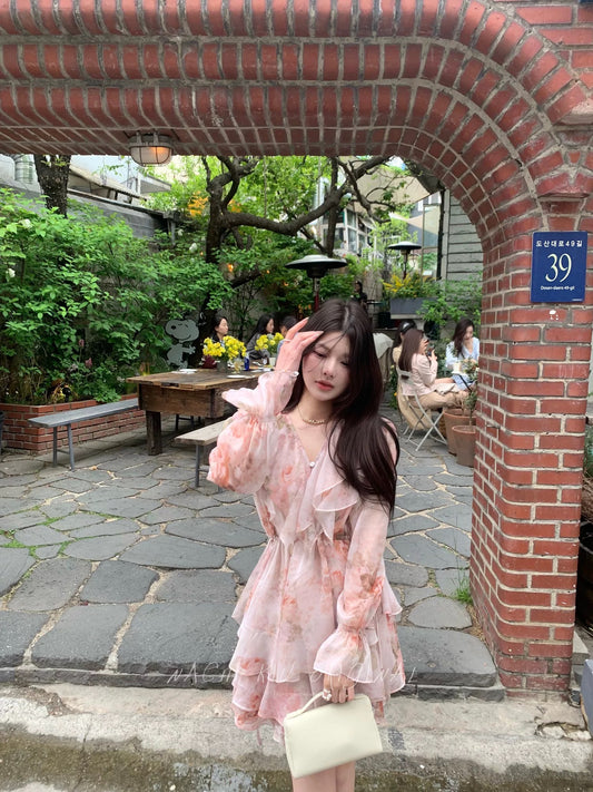 Autumn Pear Only Monet Garden Gentle Pink Floral Dress Summer Thin Long Sleeve Sun Protection Flared Sleeve Short Skirt