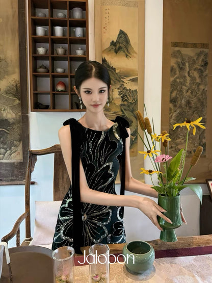 In Stock] Jalobon Flocked Bead-Tube & Sequin Embellished Gown | Vintage-Inspired, Heavily Embellished Velvet Dress with Spliced Ribbon Details and a Cinched Waist