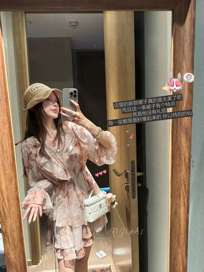 Autumn Pear Only Monet Garden Gentle Pink Floral Dress Summer Thin Long Sleeve Sun Protection Flared Sleeve Short Skirt