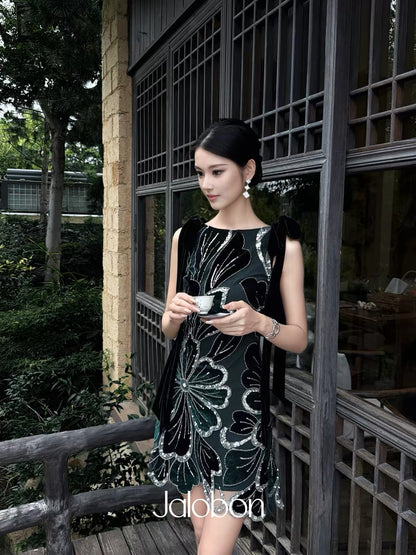 In Stock] Jalobon Flocked Bead-Tube & Sequin Embellished Gown | Vintage-Inspired, Heavily Embellished Velvet Dress with Spliced Ribbon Details and a Cinched Waist