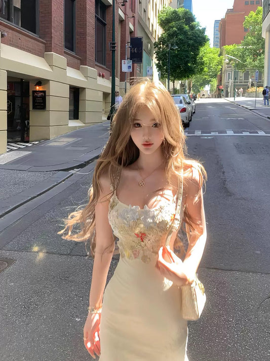 JMSHOP Yuji Girl Flower Lace Mesh Fishtail Dress Mid-Length Slim Fit Hip-covering Suspender Skirt