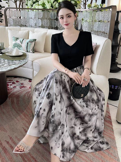 ZEROYK summer new Chinese style Chinese style ink painting rendering printed V-neck short-sleeved splicing slim slim dress