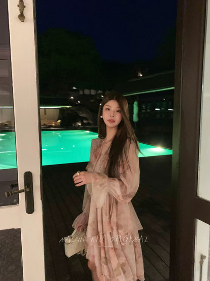 Autumn Pear Only Monet Garden Gentle Pink Floral Dress Summer Thin Long Sleeve Sun Protection Flared Sleeve Short Skirt