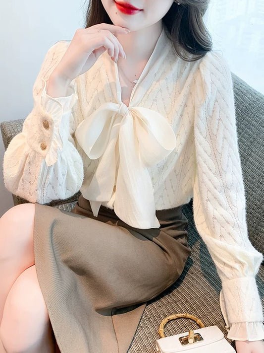 Plus velvet French v-neck bow lace shirt women's autumn wear 2025 autumn new temperament bottoming shirt top