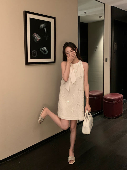 Summer French lady style halterneck lace-up sequined small fragrant dress for women summer short skirt for small people