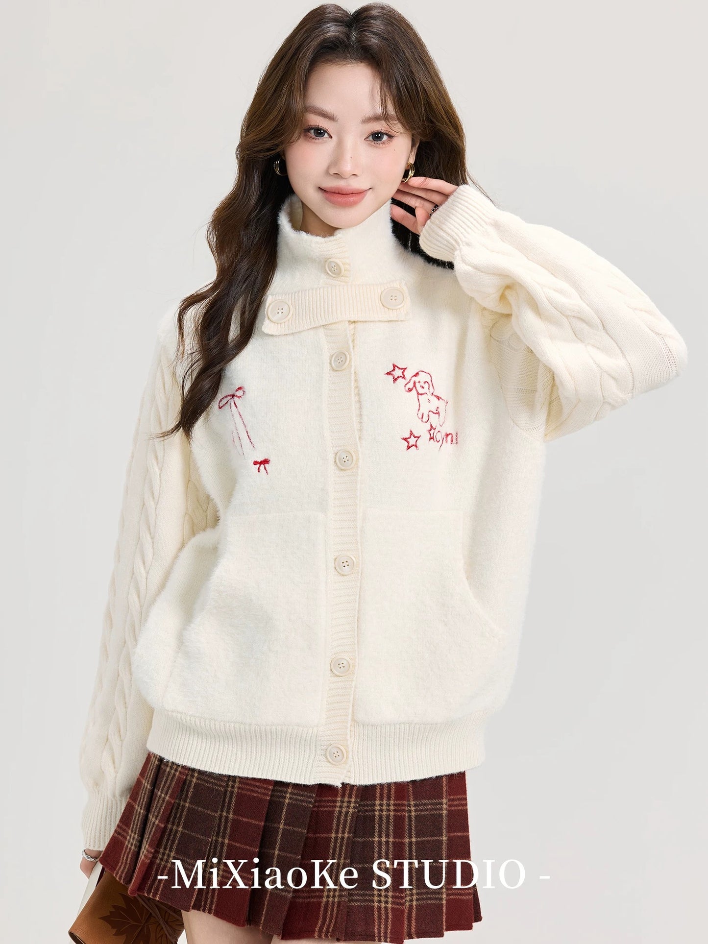 Mi Xiaoke White Patchwork Knitted Sweater Cardigan for Women, Autumn and Winter, Petite, Short, Quilted, Fleece-lined, Thickened