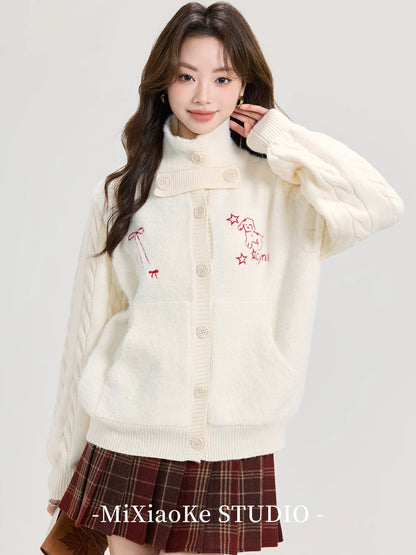 Mi Xiaoke White Patchwork Knitted Sweater Cardigan for Women, Autumn and Winter, Petite, Short, Quilted, Fleece-lined, Thickened