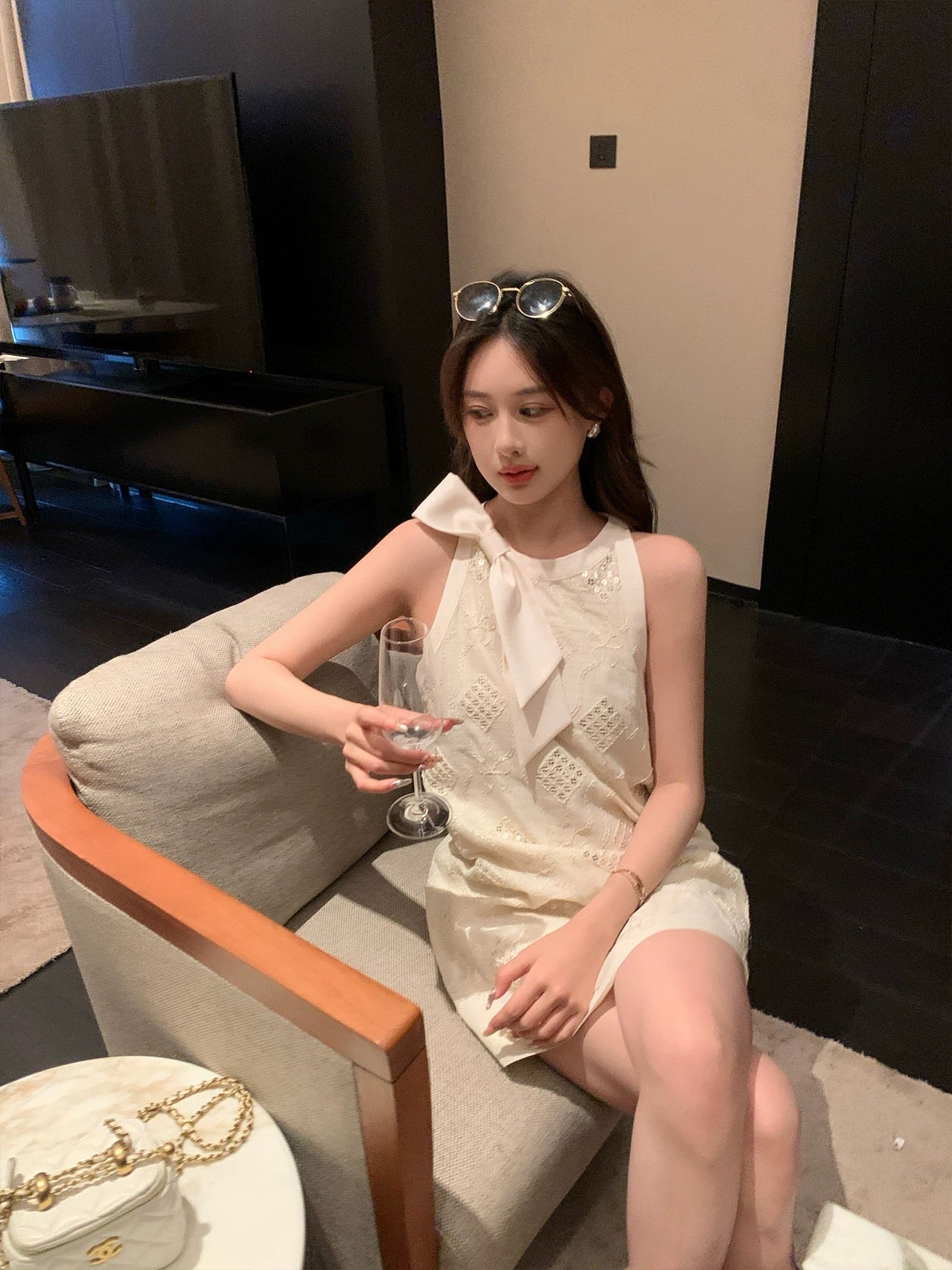 Summer French lady style halterneck lace-up sequined small fragrant dress for women summer short skirt for small people