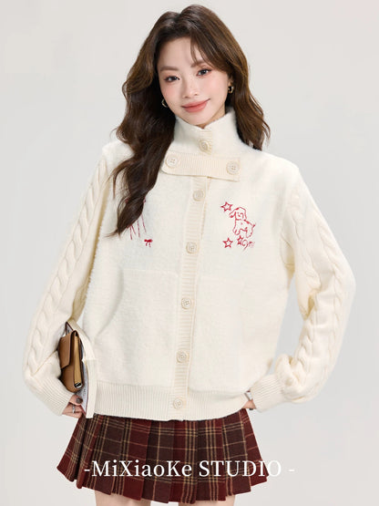 Mi Xiaoke White Patchwork Knitted Sweater Cardigan for Women, Autumn and Winter, Petite, Short, Quilted, Fleece-lined, Thickened