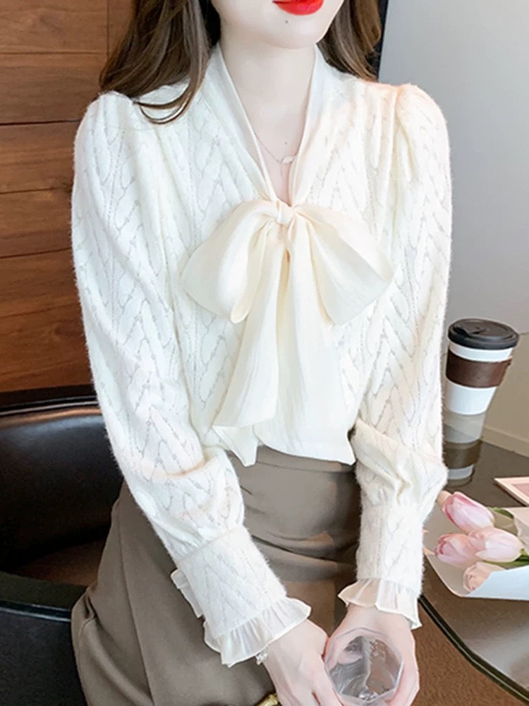 Plus velvet French v-neck bow lace shirt women's autumn wear 2025 autumn new temperament bottoming shirt top