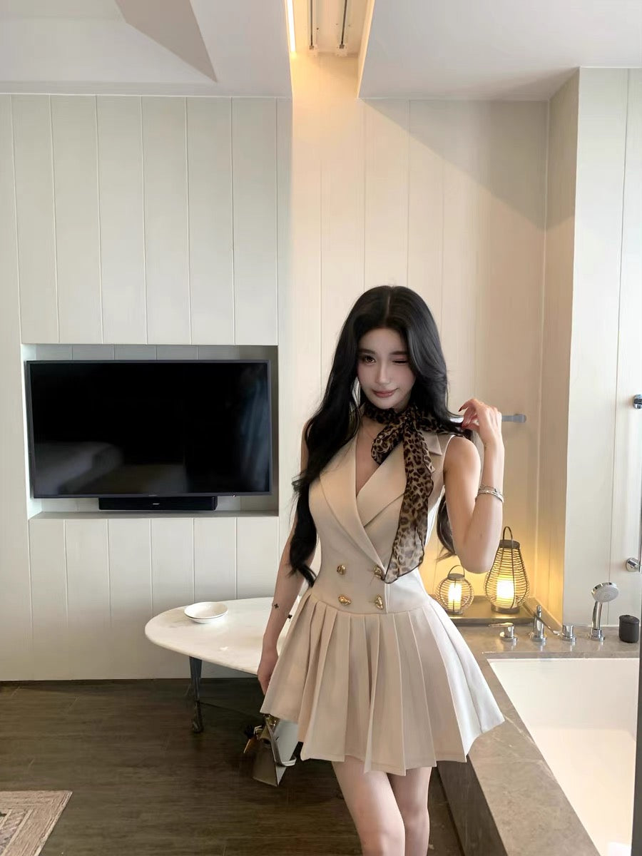 Barb Chill Suit Dress Sleeveless Waist-Defining Dress Women's Spring Elegant High-End Pleated Skirt Mini Skirt