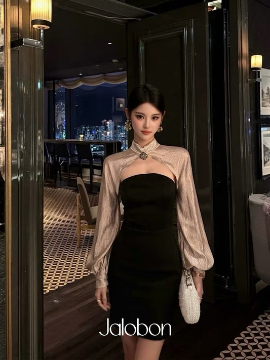 Jalobon Luxurious Two-Way Set: Pleated Lantern-Sleeve Blouse & Strapless Dress in Contrasting-Color Acetate-Blend Shimmer Fabric