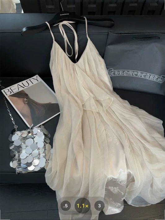 French-style halter neck suspender dress for women, retro jacquard satin, high-end irregular gentle vacation maxi dress