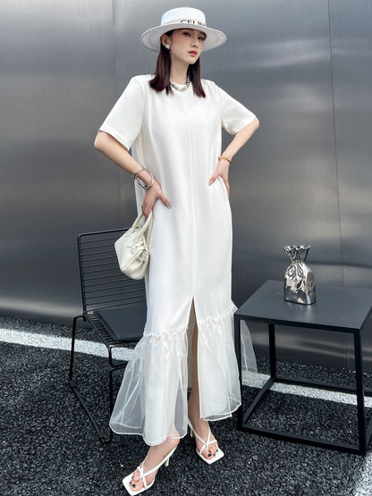 ZEROYK minimalist style long skirt vinegar high-end acid linen splicing silk organza loose and slim dress