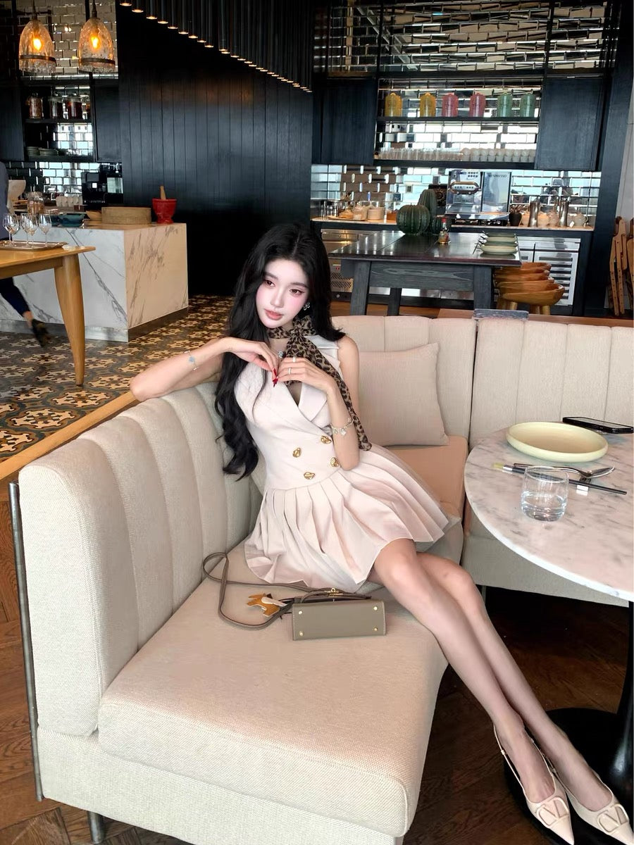 Barb Chill Suit Dress Sleeveless Waist-Defining Dress Women's Spring Elegant High-End Pleated Skirt Mini Skirt