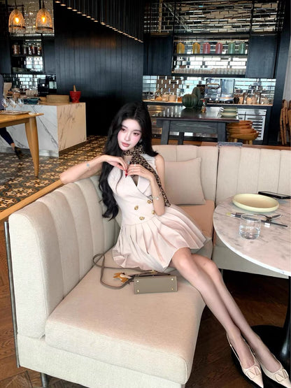 Barb Chill Suit Dress Sleeveless Waist-Defining Dress Women's Spring Elegant High-End Pleated Skirt Mini Skirt