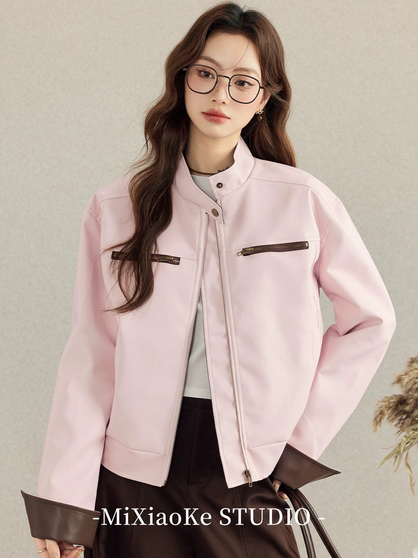 Mi Xiaoke Pink Stand Collar Leather Jacket for Women, Autumn/Winter Patchwork Design Outerwear, Trench Coat, Cardigan