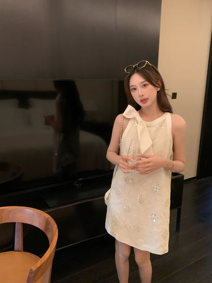Summer French lady style halterneck lace-up sequined small fragrant dress for women summer short skirt for small people