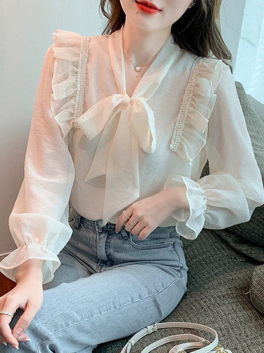 French long-sleeved chiffon shirt women's autumn wear 2025 autumn new bow fashionable and stylish all-match small shirt top