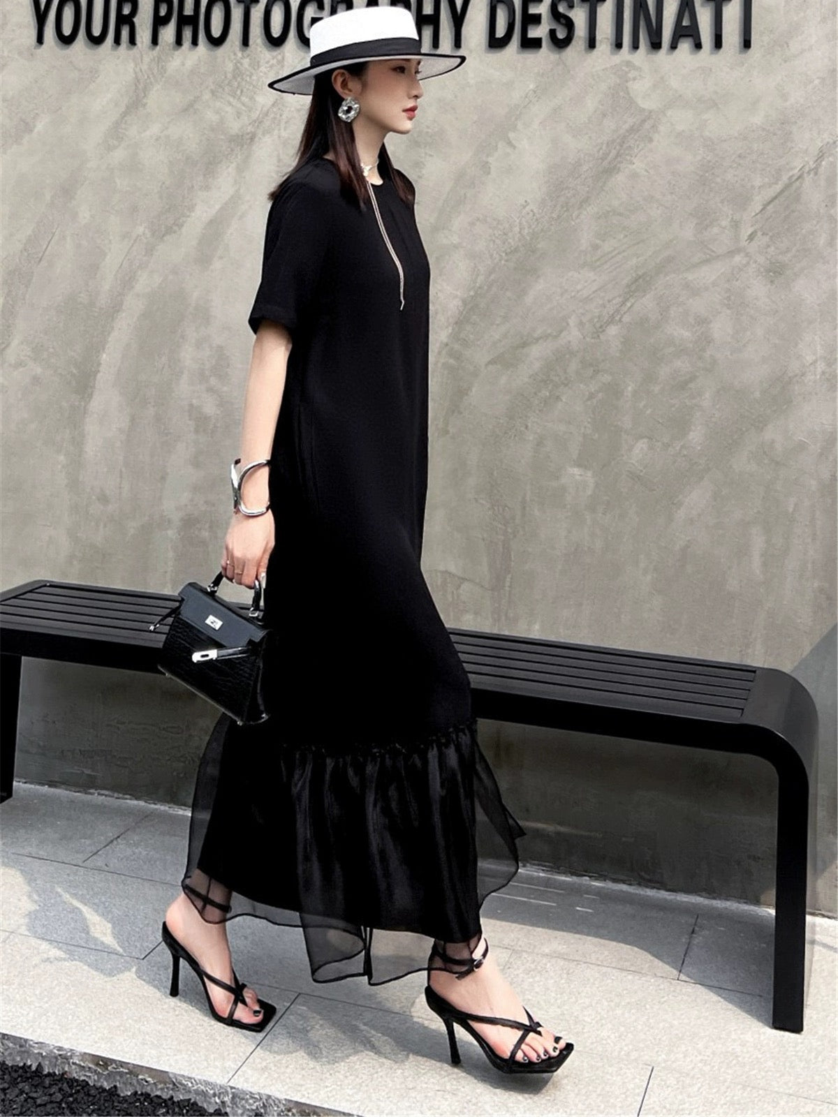 ZEROYK minimalist style long skirt vinegar high-end acid linen splicing silk organza loose and slim dress