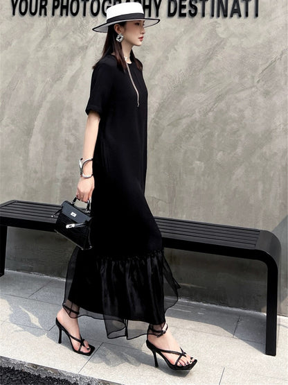 ZEROYK minimalist style long skirt vinegar high-end acid linen splicing silk organza loose and slim dress