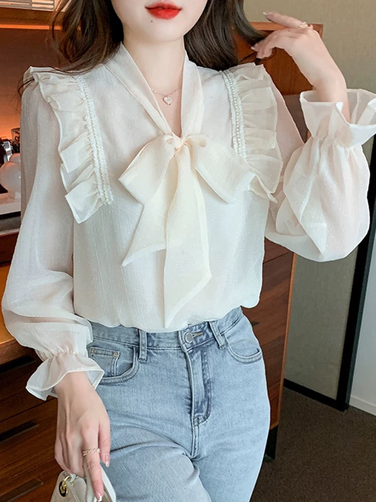 French long-sleeved chiffon shirt women's autumn wear 2025 autumn new bow fashionable and stylish all-match small shirt top
