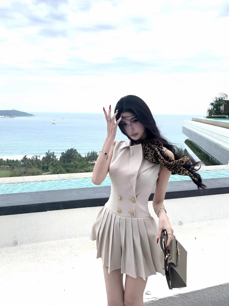 Barb Chill Suit Dress Sleeveless Waist-Defining Dress Women's Spring Elegant High-End Pleated Skirt Mini Skirt