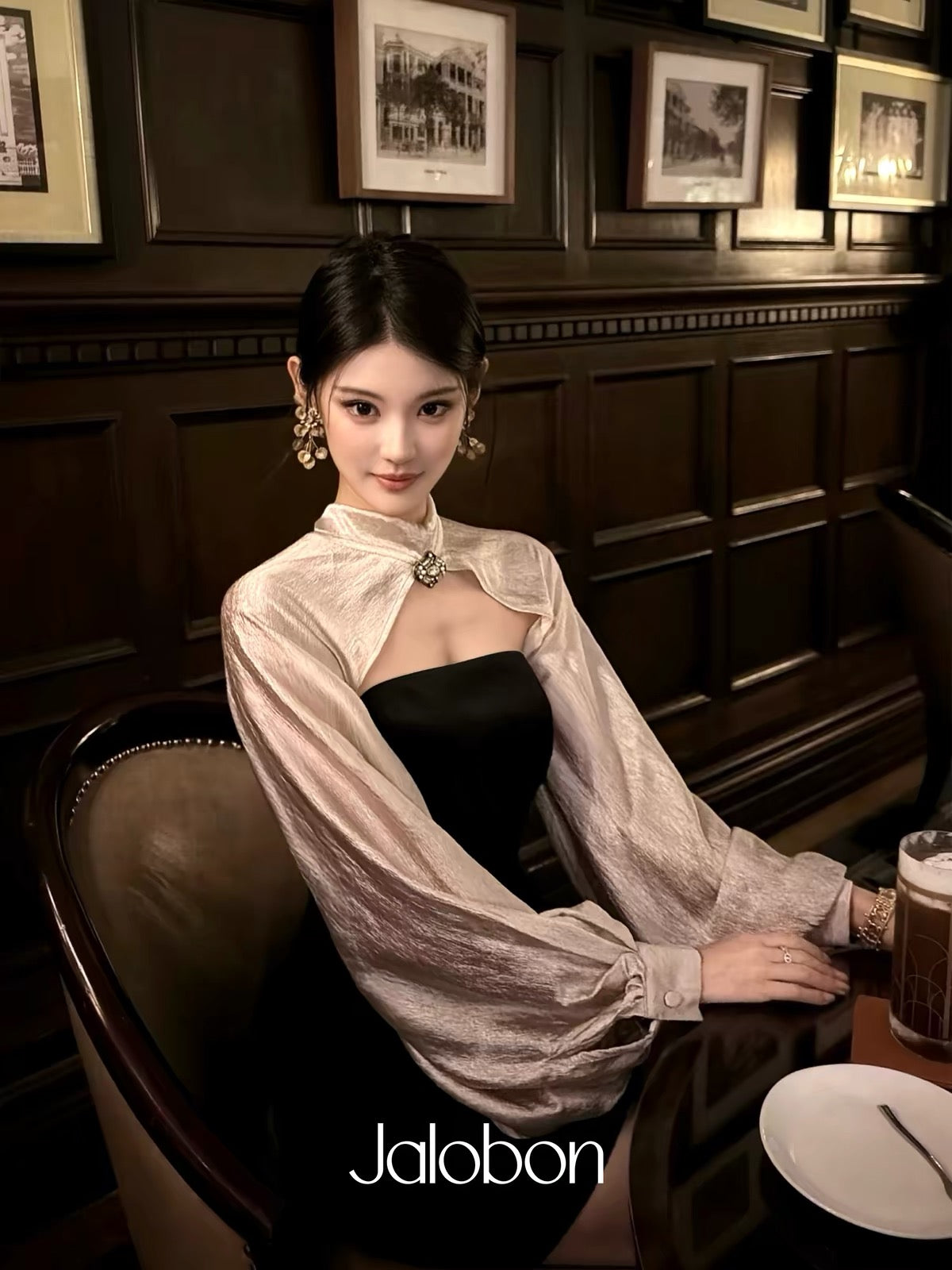 Jalobon Luxurious Two-Way Set: Pleated Lantern-Sleeve Blouse & Strapless Dress in Contrasting-Color Acetate-Blend Shimmer Fabric