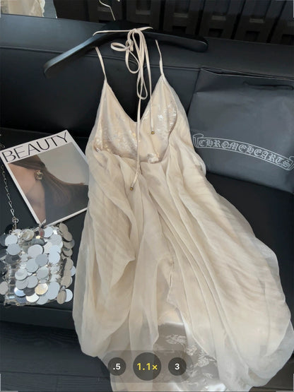 French-style halter neck suspender dress for women, retro jacquard satin, high-end irregular gentle vacation maxi dress