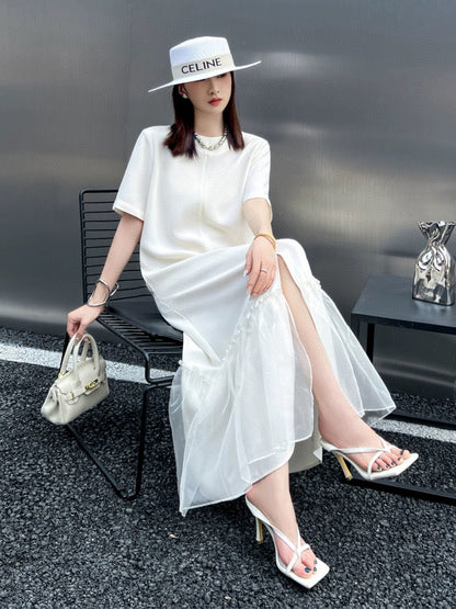 ZEROYK minimalist style long skirt vinegar high-end acid linen splicing silk organza loose and slim dress
