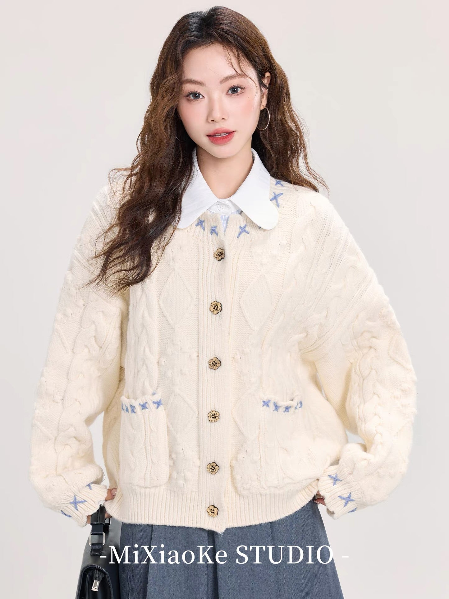 Mi Xiaoke loose cable knit white cardigan for women, autumn and winter, lazy style, thick knitted cardigan, outerwear.