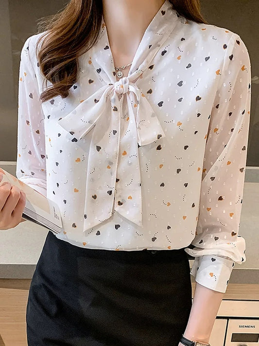 French bow long-sleeved floral chiffon shirt women's autumn wear 2025 autumn new all-match ladies' temperament shirt