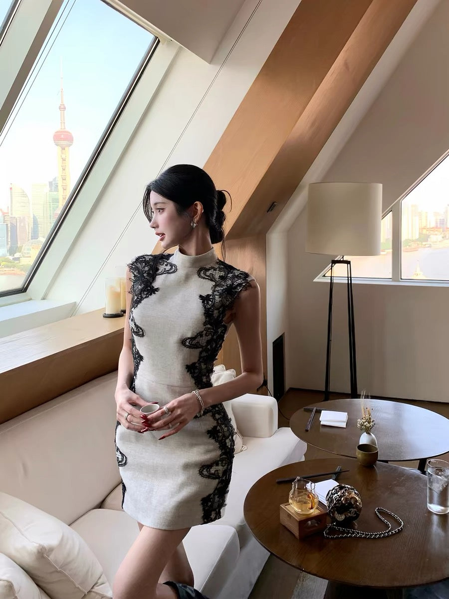 Barb Chill New Chinese Style Cheongsam Dress for Women, Early Spring Elegant Birthday Dress, Lace Bodycon Skirt