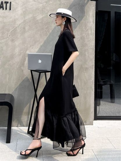 ZEROYK minimalist style long skirt vinegar high-end acid linen splicing silk organza loose and slim dress