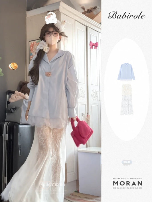Iceland mousse loose light blue shirt long lace skirt pure sweet and spicy style vacation travel outfit for women