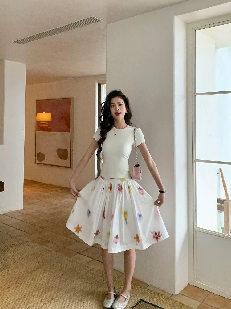 pusumede Artistic floral floral skirt female design mid-length puffy skirt niche A-line umbrella skirt