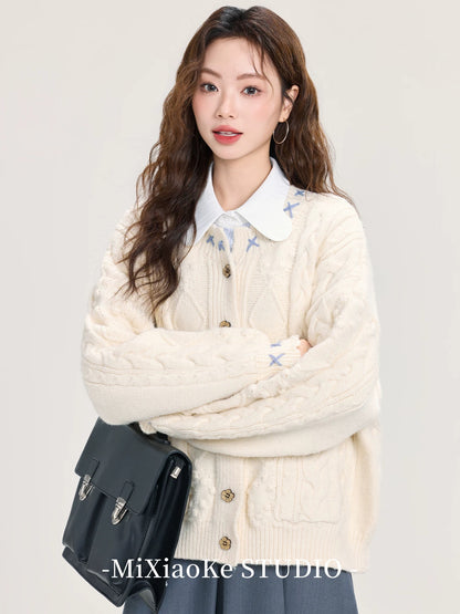 Mi Xiaoke loose cable knit white cardigan for women, autumn and winter, lazy style, thick knitted cardigan, outerwear.