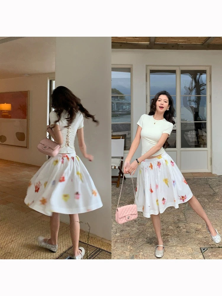pusumede Artistic floral floral skirt female design mid-length puffy skirt niche A-line umbrella skirt