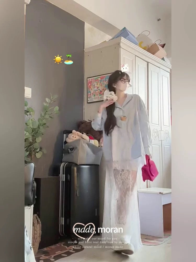 Iceland mousse loose light blue shirt long lace skirt pure sweet and spicy style vacation travel outfit for women