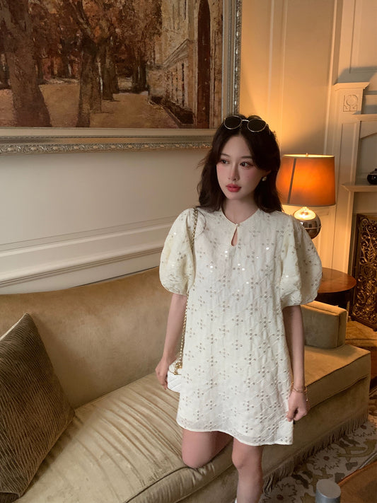 Xiajia French sequined puff sleeve short-sleeved loose new Chinese style dress for women slimming small fragrant skirt