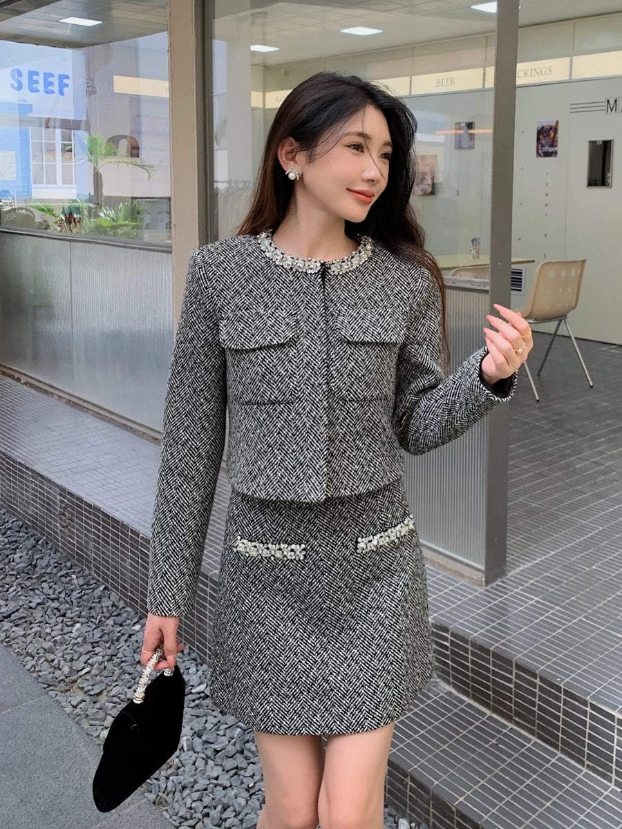 New autumn clothing for women, gray long-sleeved tops, jackets, high-waisted skirts, rich miu style outfits, small fragrant style suits