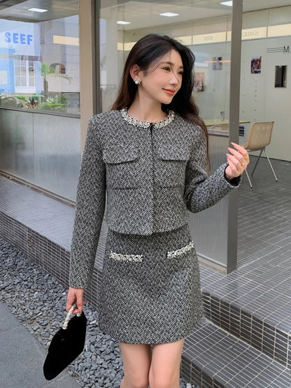 New autumn clothing for women, gray long-sleeved tops, jackets, high-waisted skirts, rich miu style outfits, small fragrant style suits