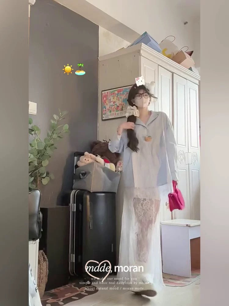 Iceland mousse loose light blue shirt long lace skirt pure sweet and spicy style vacation travel outfit for women