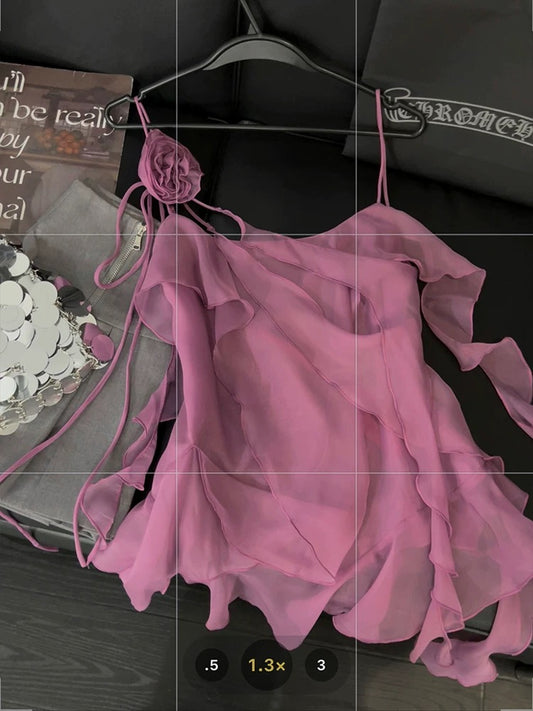 3D floral ruffled halter top for women, ethereal and alluring, sexy style, new summer style, irregular design.