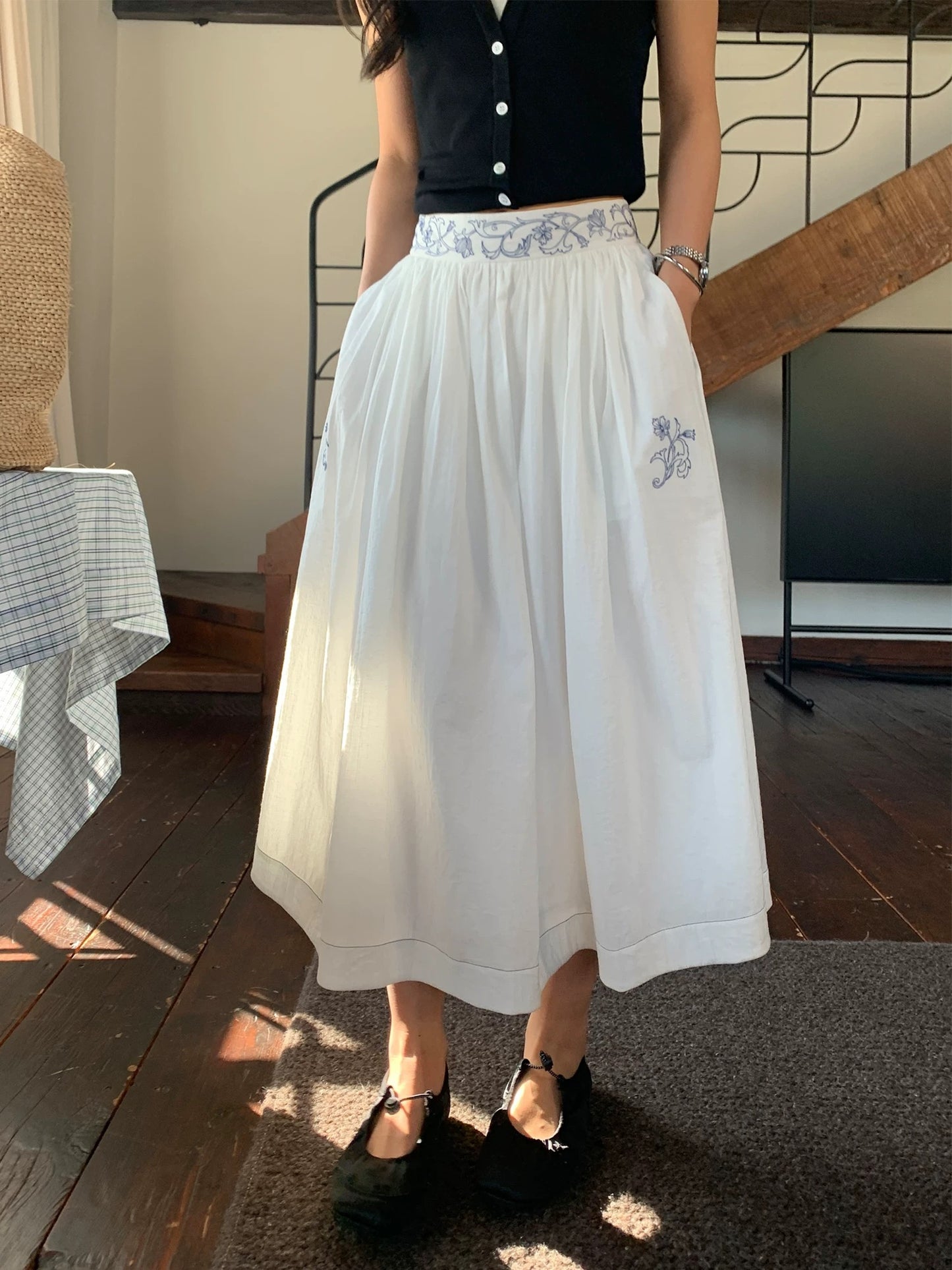 Pusumede French garden embroidered skirt women's high waist loose A-line umbrella skirt temperament medium long skirt