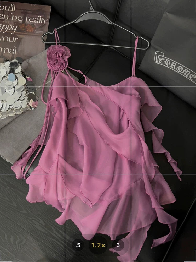 3D floral ruffled halter top for women, ethereal and alluring, sexy style, new summer style, irregular design.