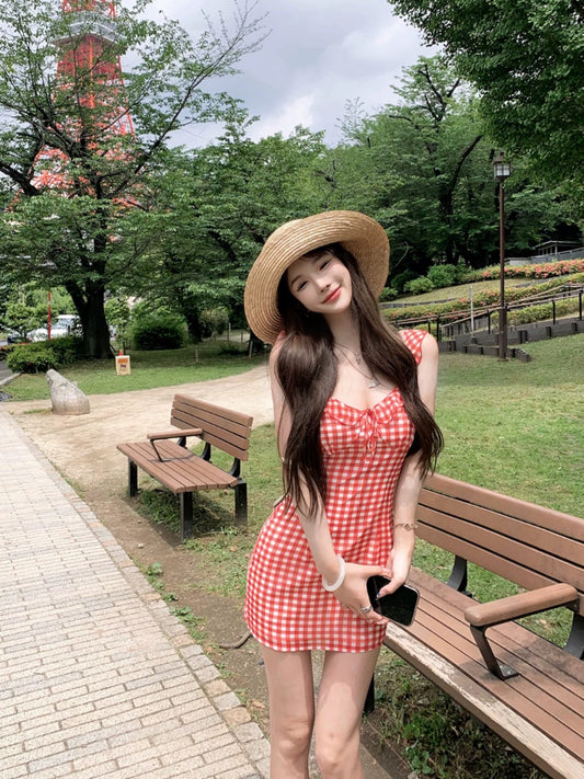 JMSHOP Sweet Oxygen Strawberry Plaid Suspender Skirt Women's Summer Waist Slimming Vacation Skirt Whitening Dress
