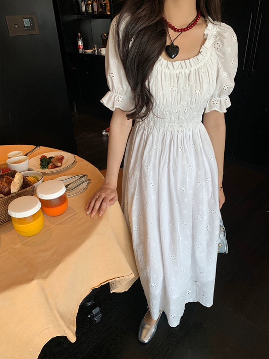 Summer Home Heavy Embroidery Hollow Sweet French Puff Sleeve Short Sleeve Dress Women's Summer White Long Skirt