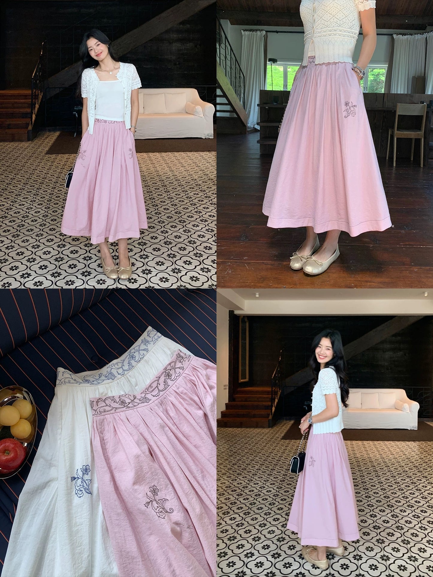 Pusumede French garden embroidered skirt women's high waist loose A-line umbrella skirt temperament medium long skirt