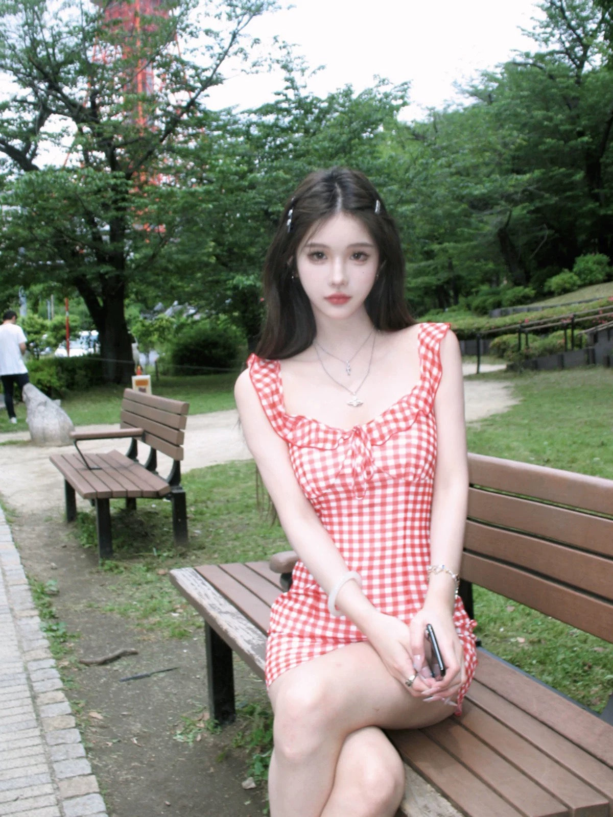 JMSHOP Sweet Oxygen Strawberry Plaid Suspender Skirt Women's Summer Waist Slimming Vacation Skirt Whitening Dress